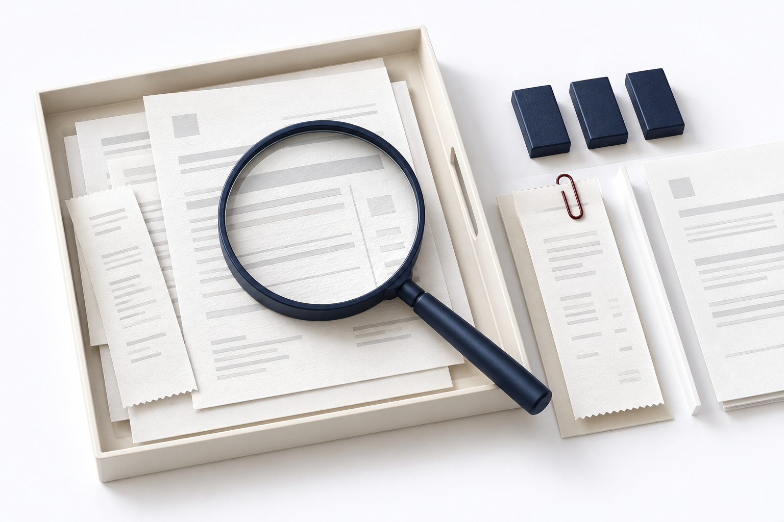 Conceptual illustration of documents under a review magnifier with neutral cost blocks.