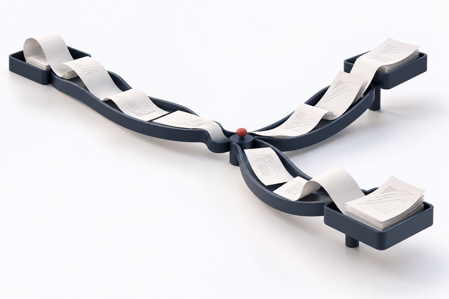 Conceptual illustration of branching paper routes and organised document outputs.