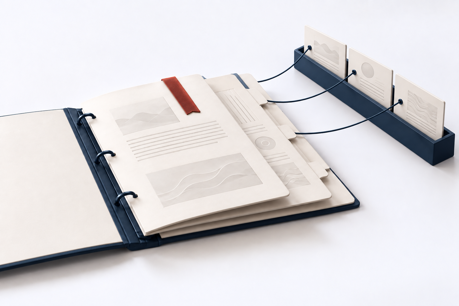 Conceptual illustration of an open review file linked to three separate sources.