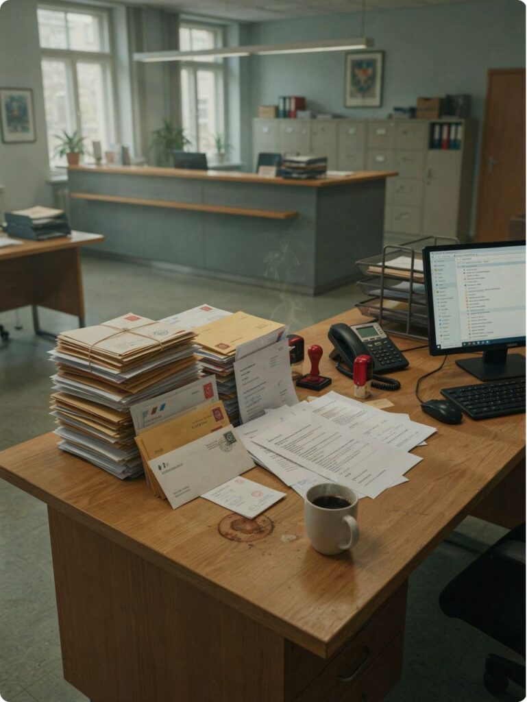 Illustration of incoming mail and document handling at a desk