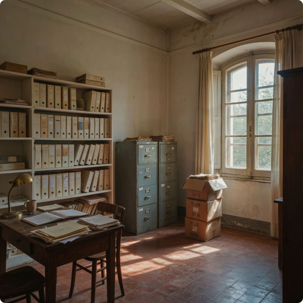 Illustration of paper records in an archive room