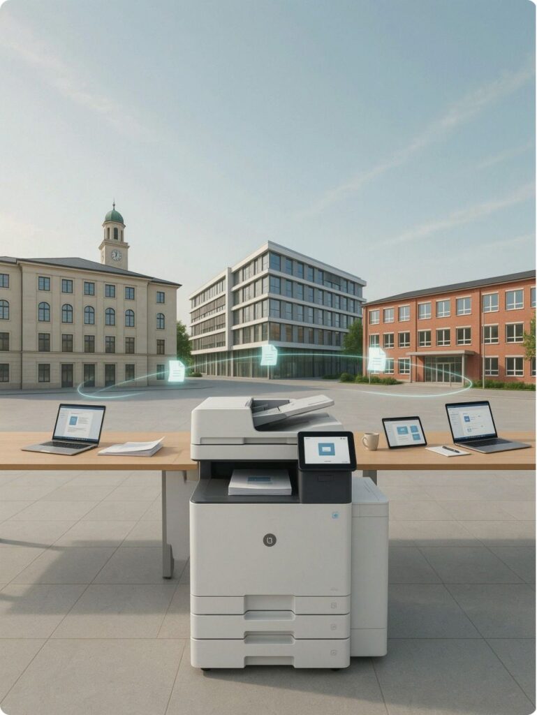 Illustration of administrative offices and print infrastructure