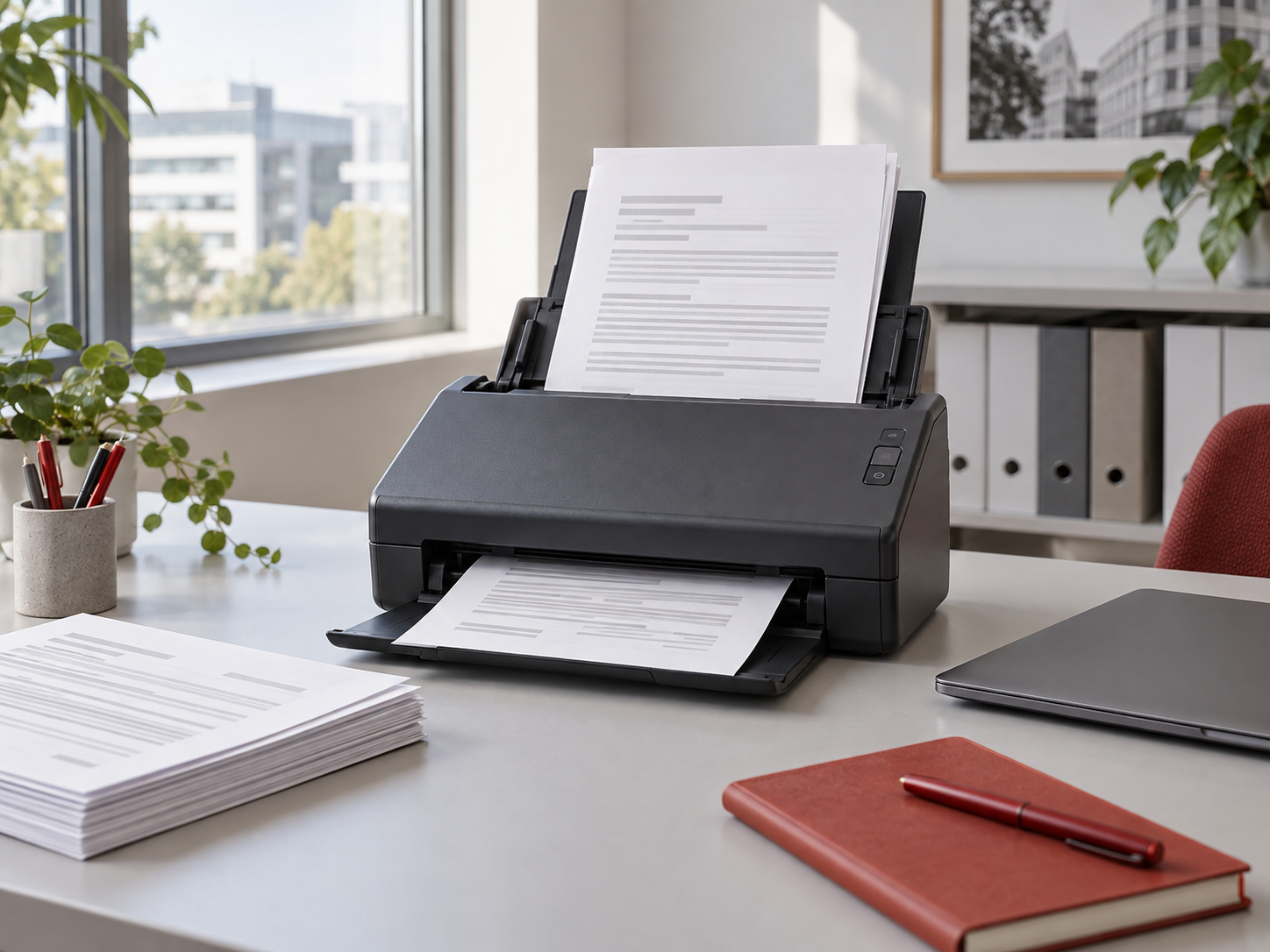 Illustration of a document scanner and paperwork in an office