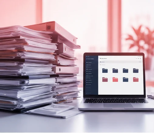Paper files beside a tablet showing a digital document archive